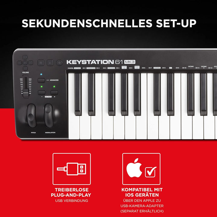 M-Audio Keystation 61 MKIII - Kompakter 61-Tasten MIDI Keyboard Controller mit zuweisbaren Reglern,