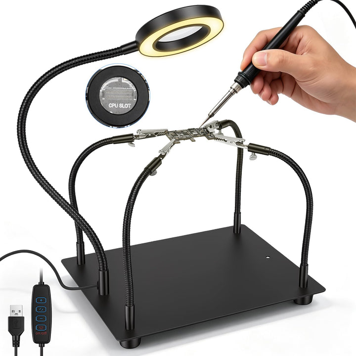 Dritte Hand Löten, Lötstation Helfende Hand mit 3X Lupe und 4 Flexible Arme | PinBoTronix Löthilfe m