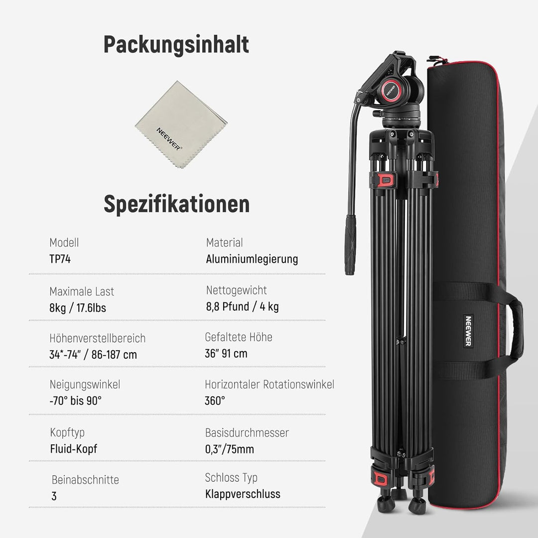 NEEWER 74" Videostativ mit Fluidkopf & Dämpfungsregelung, Aluminium Heavy Duty Kamerastativ Professi