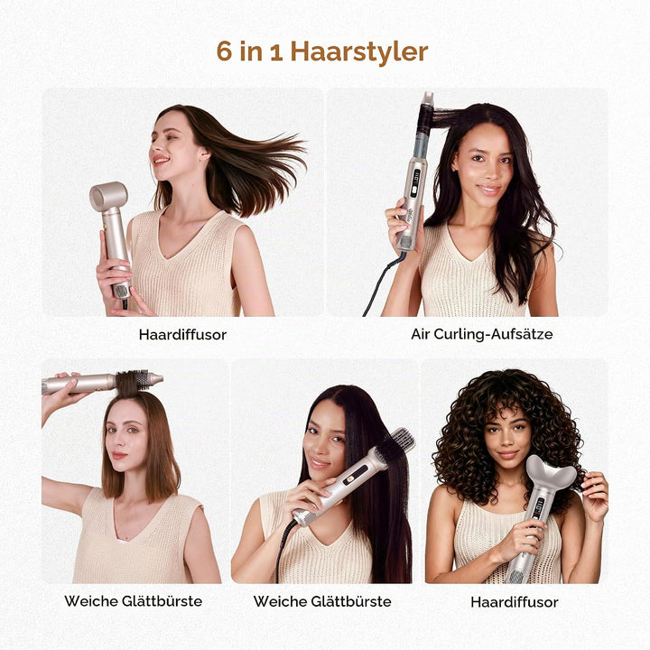 UKLISS Airstyler 6 in 1 mit LCD-Display, Hairstyler &amp; Haarstyler Set mit Hair Dryer, Rundbürstenföhn