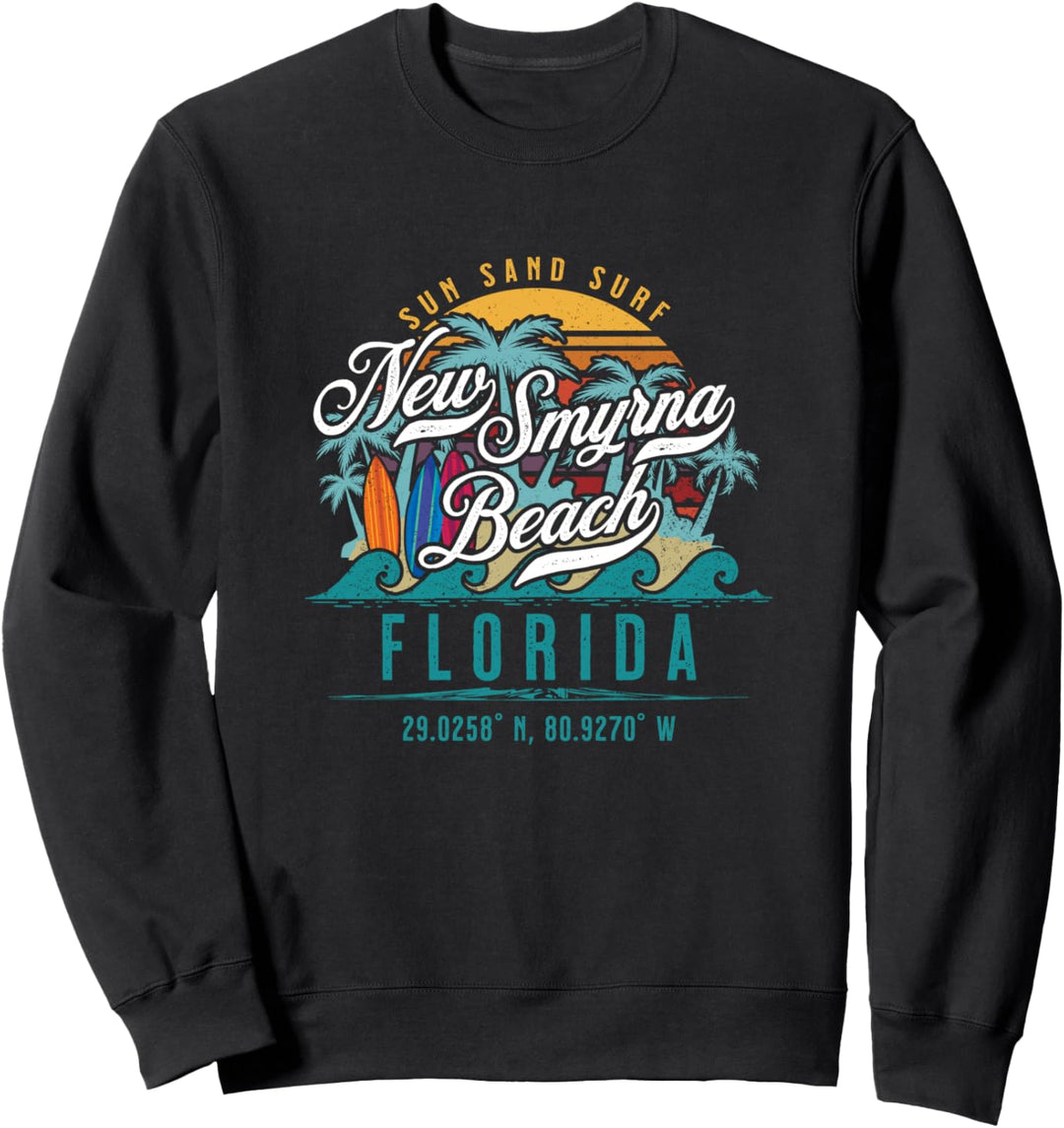 New Smyrna Beach Florida Retro Sun Sand Surf Beach Palm Tree Sweatshirt