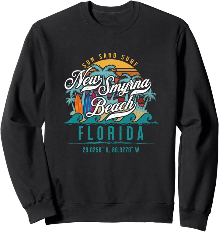 New Smyrna Beach Florida Retro Sun Sand Surf Beach Palm Tree Sweatshirt