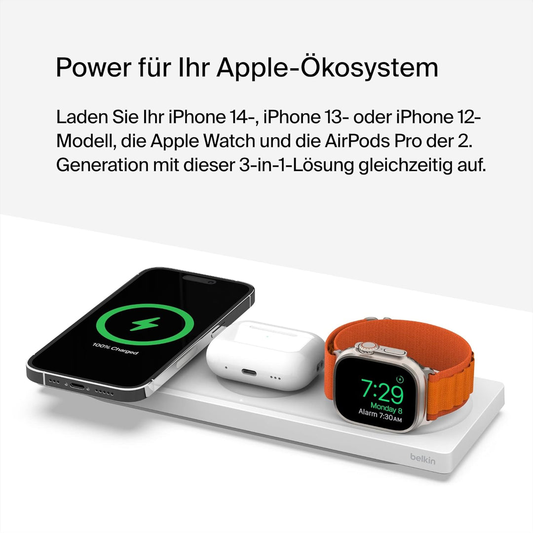 Belkin MagSafe drahtloses 3-in-1-Ladegerät, MFi-zertifiziertes Ladepad, MagSafe Ladestation für die
