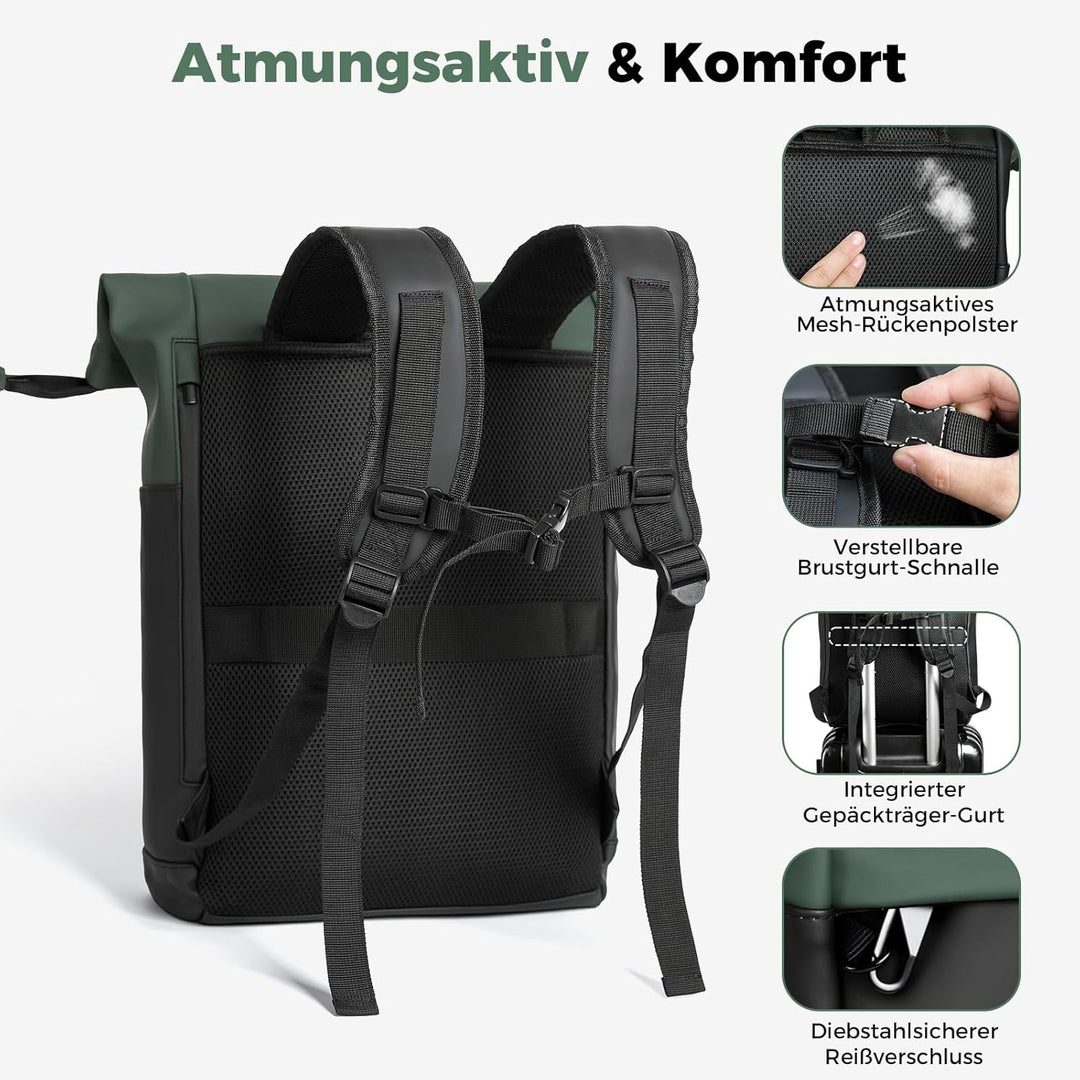 Wasserdicht Rucksack, Laptop Rolltop Rucksack für Herren & Damen Mit Diebstahlsichere Reissverschlus