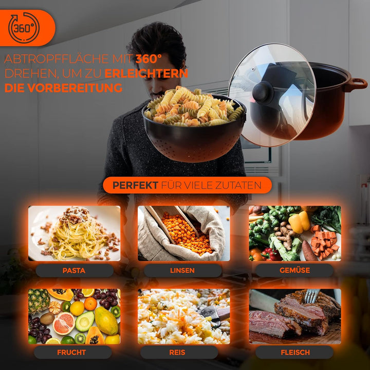 Olla Para Pasta con Escurridor | 24 CM de Diámetro | Tapa de Vidrio | Escurridor 360º | Para Todo Ti