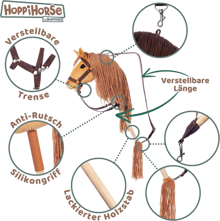HOPPIHORSE Steckenpferd mit Trense - A4 - Hobby Horse mit Zügeln, Schultergurt, Schweif - hochwertig