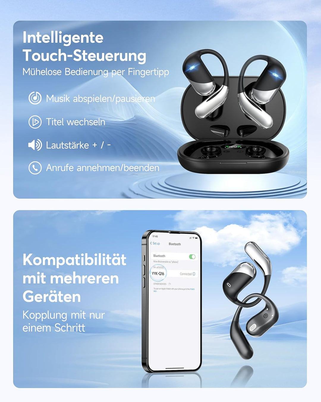 Offene Ohr Kabellose Ohrhörer, Sport Bluetooth Kopfhörer mit Echtzeitübersetzung, 80 Stunden Akkulau