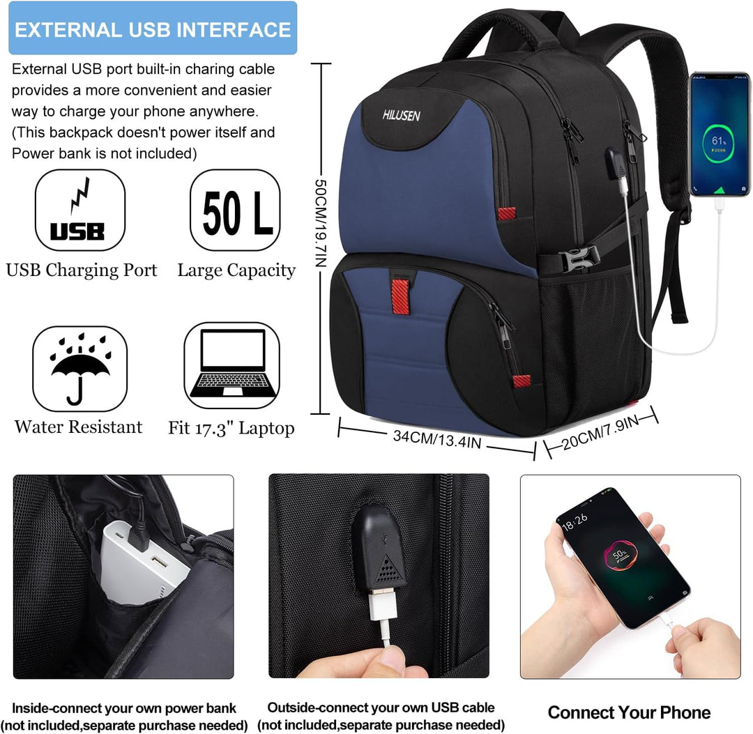 HILUSEN Gross Rucksack Herren 50L,Arbeit Rucksack Laptop Rucksack Herren 17.3 Zoll Schulrucksack mit
