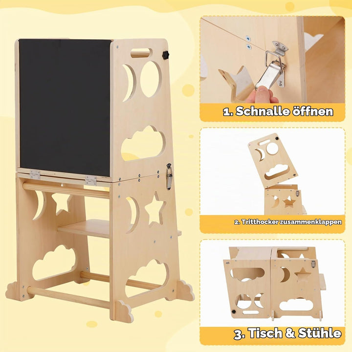 Montessori Lernturm für Kinder, 3 in 1 Learning Tower für Kinder Lernturm Klappbar Tritthocker mit T