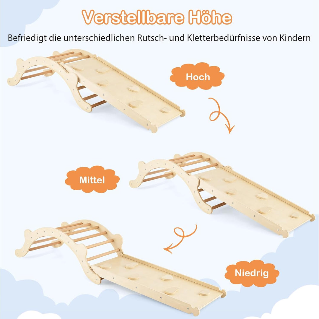 COSTWAY Kletterbogen mit Kissen, Kletterdreieck mit Rutsche Holz, 3 in 1 Klettergerüst Indoor zum Ru