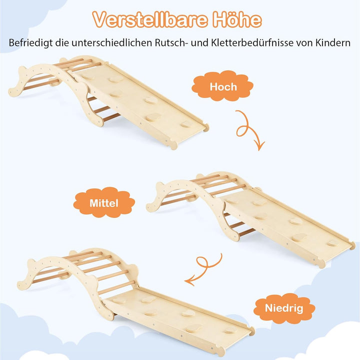 COSTWAY Kletterbogen mit Kissen, Kletterdreieck mit Rutsche Holz, 3 in 1 Klettergerüst Indoor zum Ru