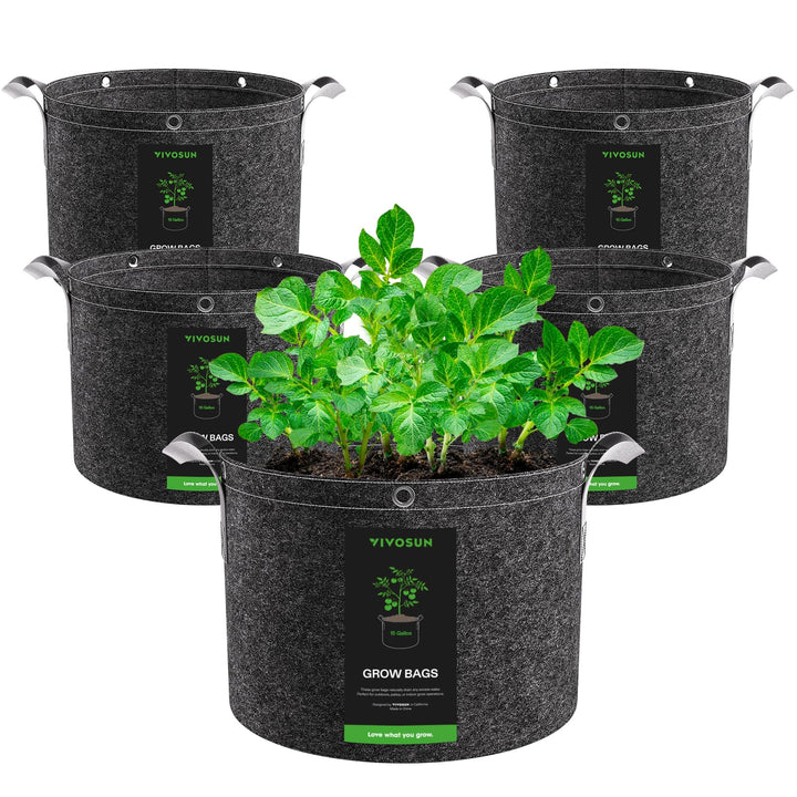 VIVOSUN Pflanzsack 5er-Pack 60L, Pflanzsack aus Vliesstoff mit 500g/m² Stärke, mit Tragegriffen und