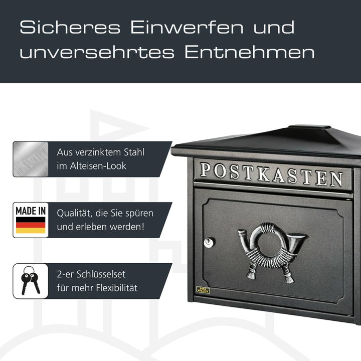 BURG-WÄCHTER Klassischer Briefkasten ohne Zeitungsfach und Namensschild, Verzinkter Stahl, Einwurf-F