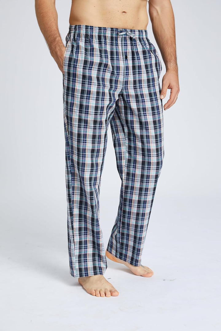 Jveyvth Herren 100% Baumwolle Pyjamahose, Gewebte kariert Schlafhose Loungewear Pyjama Hose mit Tasc