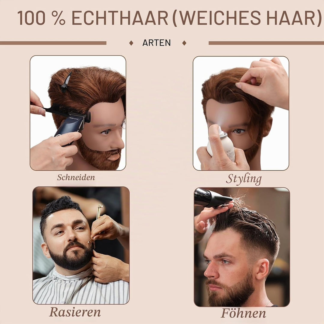 Mann Frisierkopf 100% Echthaar mit Bart, Frisurenkopf Männlicher Haarschnitt Übungskopf mit Braun Ha