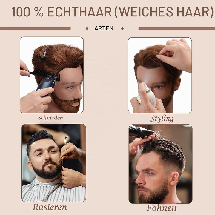 Mann Frisierkopf 100% Echthaar mit Bart, Frisurenkopf Männlicher Haarschnitt Übungskopf mit Braun Ha