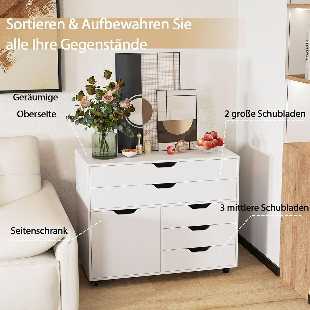 GOPLUS Aktenschrank mit 5 Schubladen, Mobile Kommode mit Seitenschrank & 5 Rollen, Rollbarer Bürosch