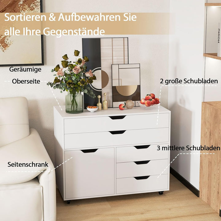 GOPLUS Aktenschrank mit 5 Schubladen, Mobile Kommode mit Seitenschrank & 5 Rollen, Rollbarer Bürosch