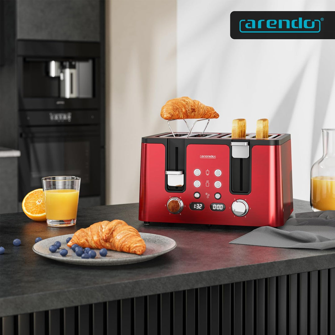 Arendo - Toaster 4 Scheiben Edelstahl - mit Brötchenaufsatz - 4 Schlitze - LED Anzeige Restzeitanzei