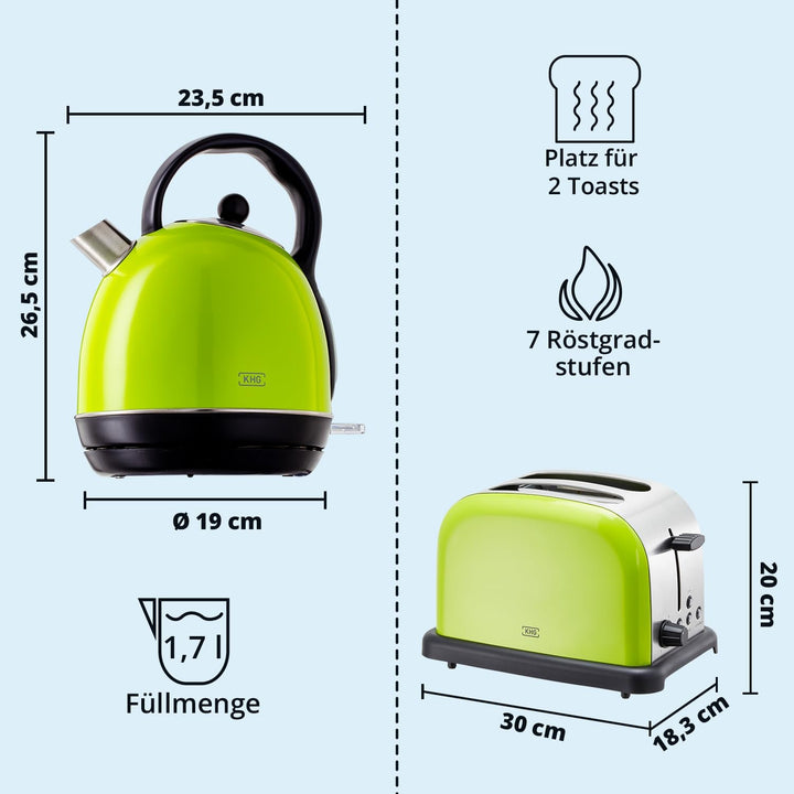 KHG Retro Frühstücksset | Toaster 2 Scheiben mit Brötchenaufsatz, 7 Bräunungsstufen 850W | Wasserkoc