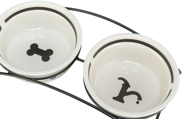 Napf-Set, Keramik/Metall, 2 × 0,6 l/ø 15 cm/32 × 9 × 15 cm, weiss/schwarz, 2 × 0,6 l/ø 15 cm