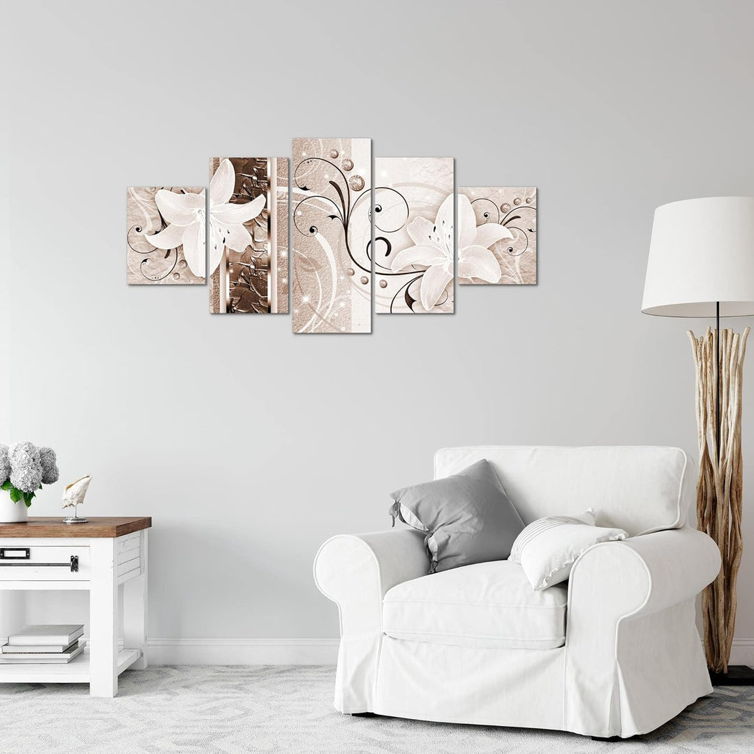 Runa Art Wandbilder Blumen Lilien 5 Teilig Bild auf Vlies Leinwand Deko Wohnzimmer Abstrakt Biege Br