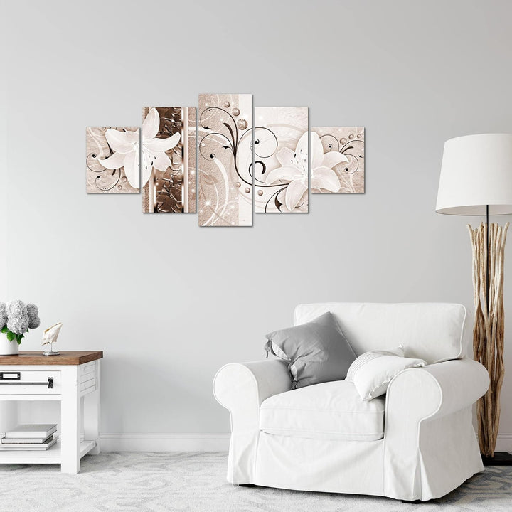 Runa Art Wandbilder Blumen Lilien 5 Teilig Bild auf Vlies Leinwand Deko Wohnzimmer Abstrakt Biege Br