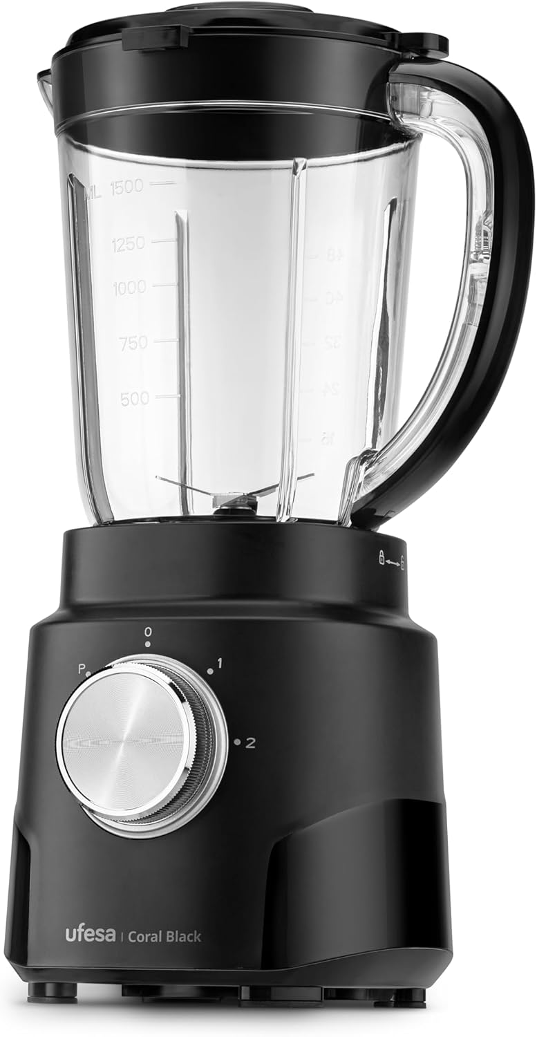 Ufesa Coral Black Standmixer, 600W Leistung, 1,5L Glasbehälter, 4 herausnehmbare Edelstahlklingen, 2