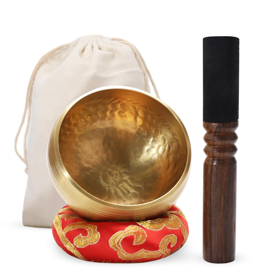 Tibetische Klangschale Set 8cm – Handgefertigte Meditationsschale aus Messing mit Holzklöppel Kissen
