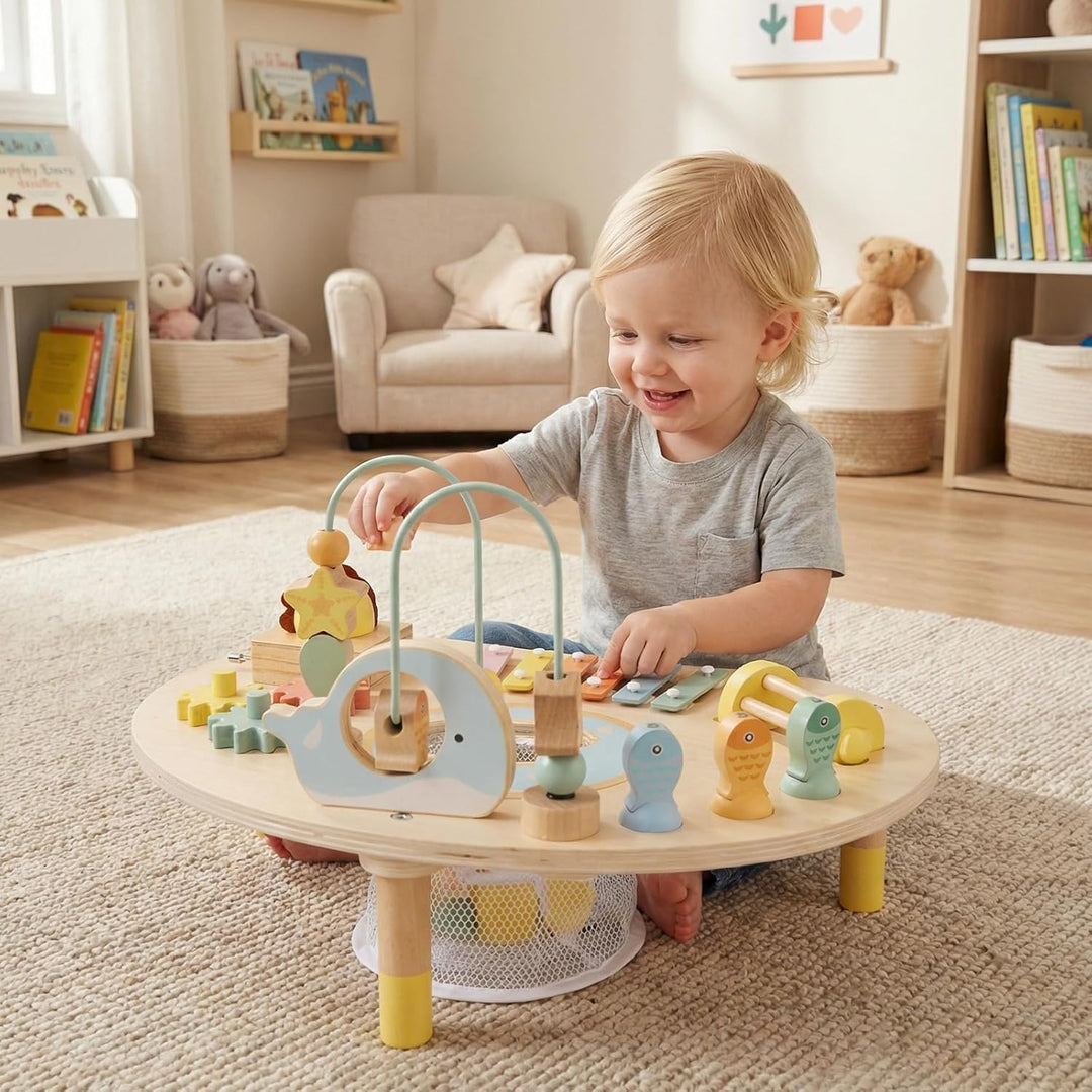 FANTASK Holz Aktivitätstisch, Montessori Motoriktisch für Kinder ab 1 Jahr, Lernspielzeug mit Motori