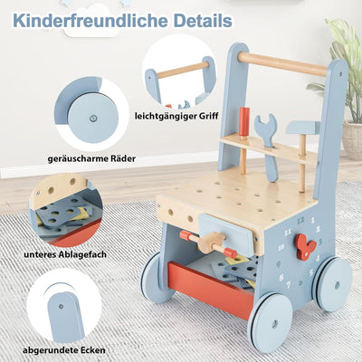 GOPLUS 2 in 1 Lauflernwagen, Lauflernhilfe Holz mit Werkzeugspielzeug, Multifunktionszentrum für Bab