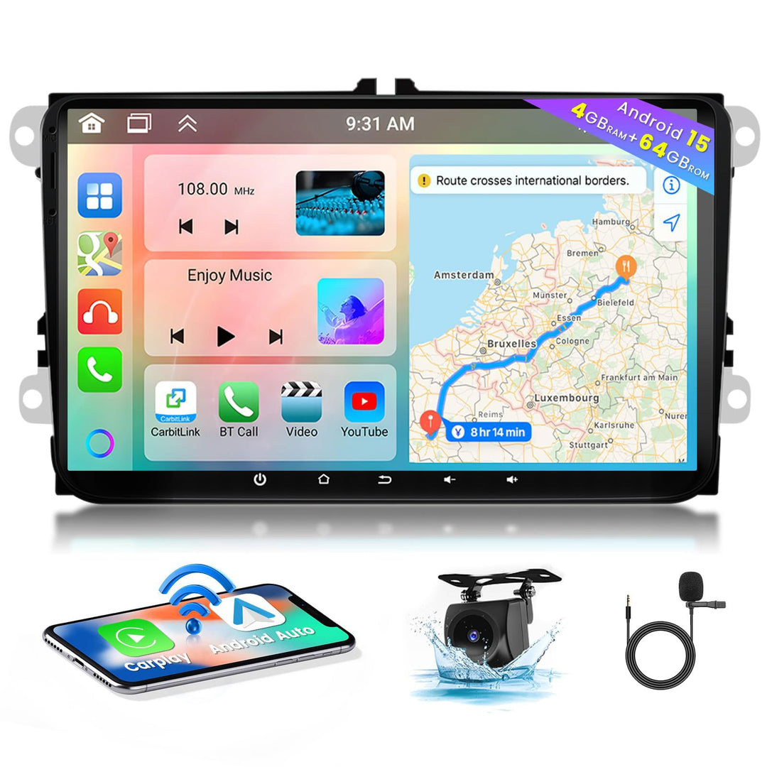 Hikity 8 core 4+64GB Android 15 Autoradio für VW Golf 5 6 Passat Polo Tiguan Touran Caddy Skoda, 9"