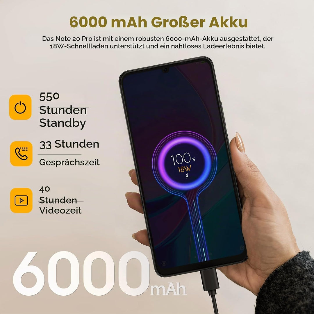 Ulefone Note 20 Pro Handy Android 14 256GB+8GB/1TB SD 50MP+8MP Kamera Octa Core 6000mAh 18W 6,75" HD