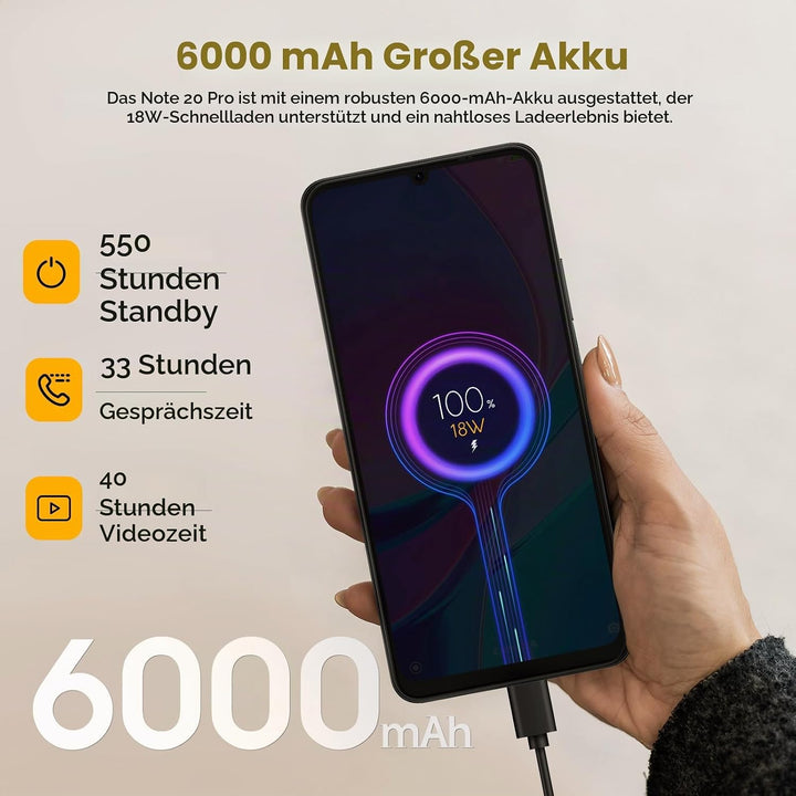 Ulefone Note 20 Pro Handy Android 14 256GB+8GB/1TB SD 50MP+8MP Kamera Octa Core 6000mAh 18W 6,75" HD