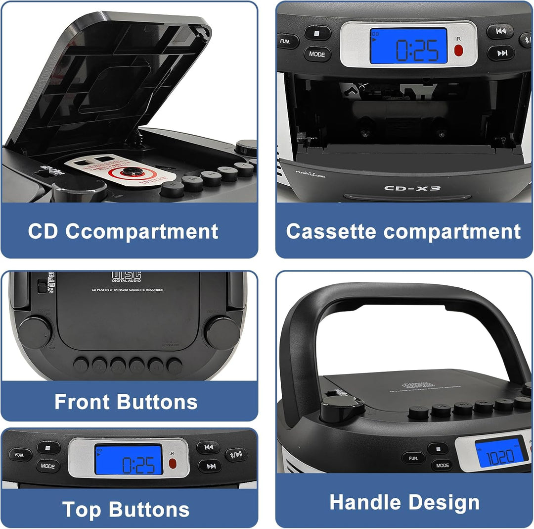 Tragbarer CD- & Kassettenplayer mit Fernbedienung – Inklusive FM/AM-Radio, USB-Wiedergabe, Bluetooth