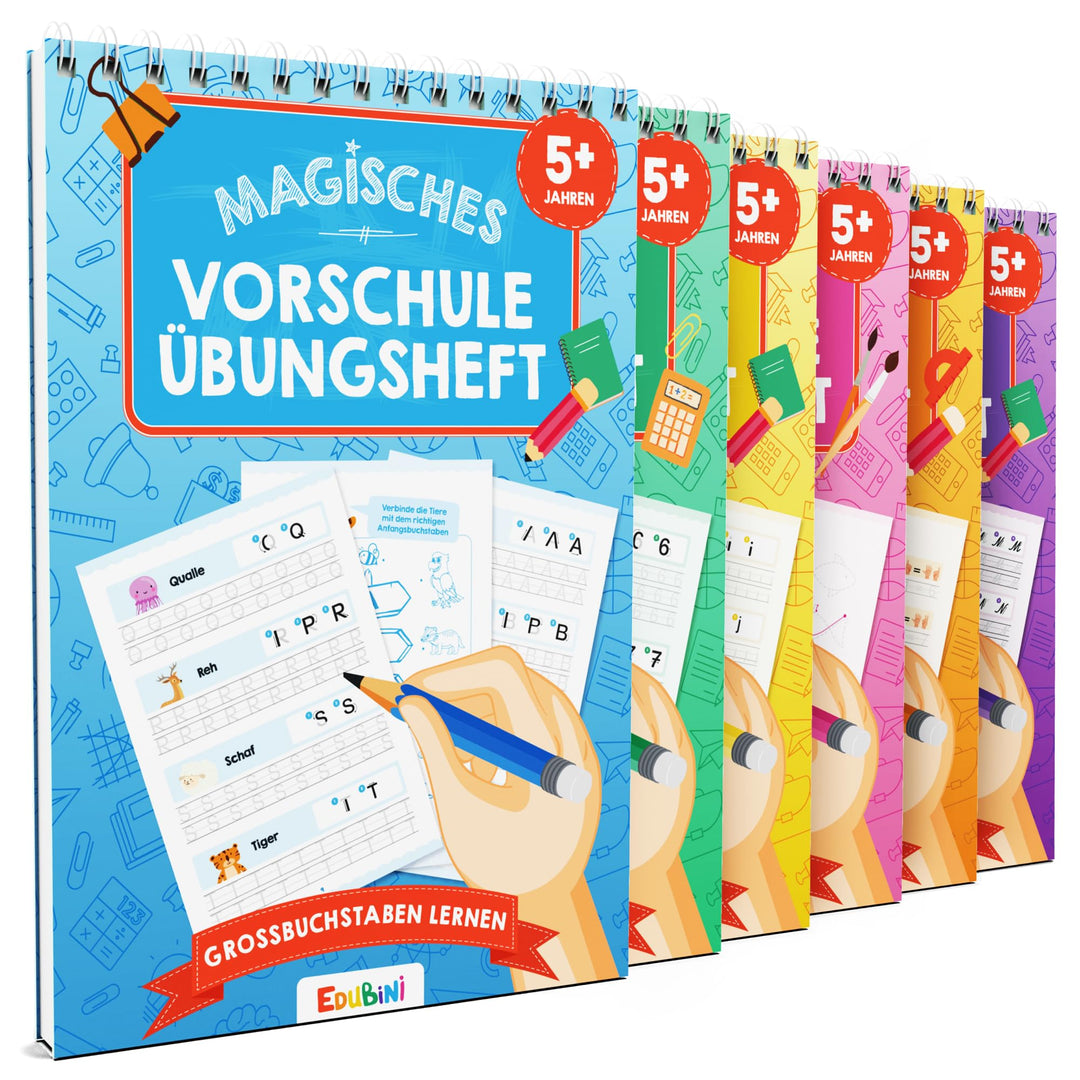 Magische Vorschule Übungshefte ab 5 Jahren für Junge & Mädchen - [6 HEFTE + STIFT] - Wiederverwendba
