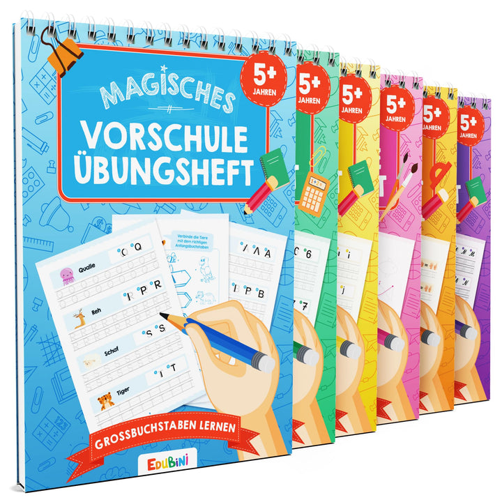 Magische Vorschule Übungshefte ab 5 Jahren für Junge & Mädchen - [6 HEFTE + STIFT] - Wiederverwendba