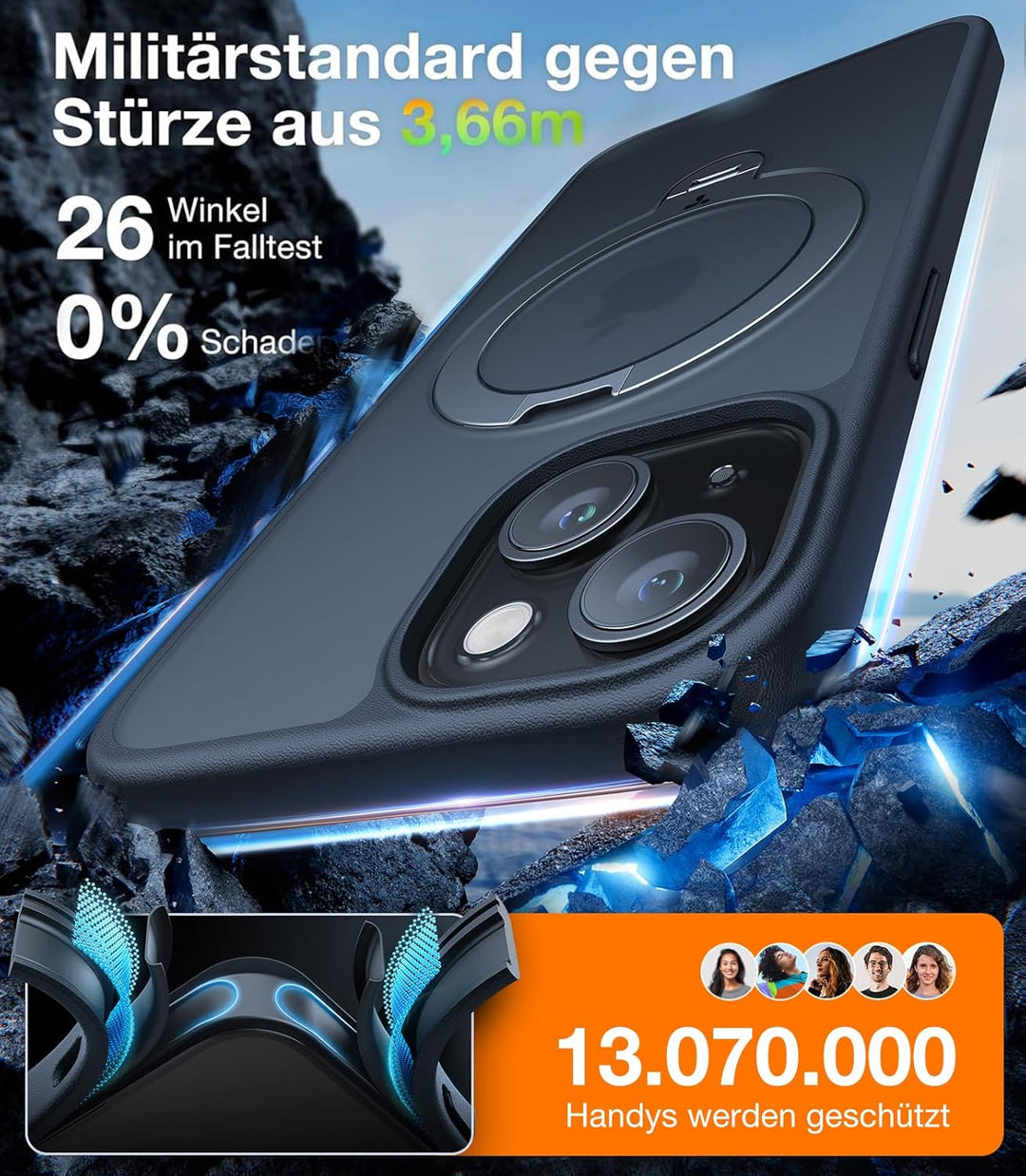 TORRAS Ostand Q3 Spin für iPhone 15 Hülle (360° Magnetischer Unsichtbarer Ständer) Zertifizierte Mil