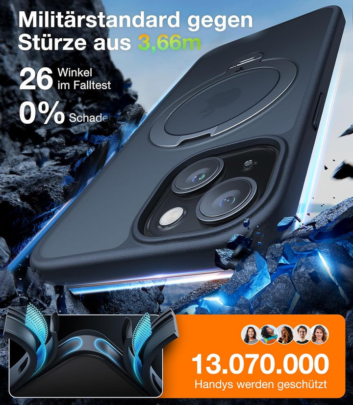 TORRAS Ostand Q3 Spin für iPhone 15 Hülle (360° Magnetischer Unsichtbarer Ständer) Zertifizierte Mil