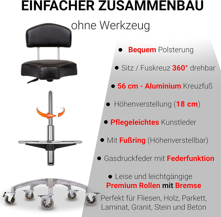 Staboos Rollhocker bis 160 kg - Ergonomisch geformter Sitz mit Bremse und Lehne - Drehhocker (Premiu