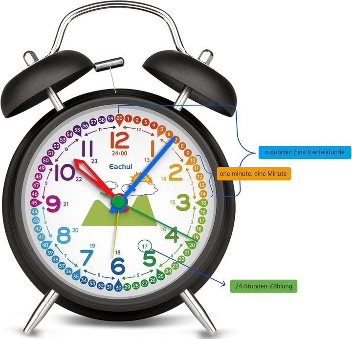 Doppelglockenwecker mit Nachtlicht, analoger Wecker für Kinder ohne Ticken, lauter Alarm, geräuschlo