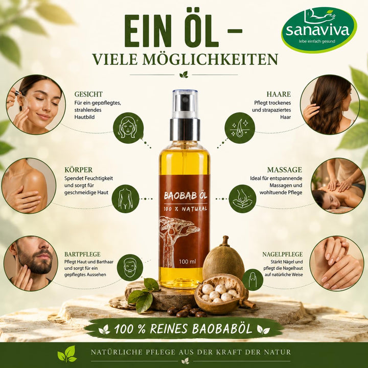 sanaviva® Baobaböl Kaltgepresst (100ml) Baobab-Oil Bio Rein &amp; Natürlich 100% Vegan Premium Baobab Öl