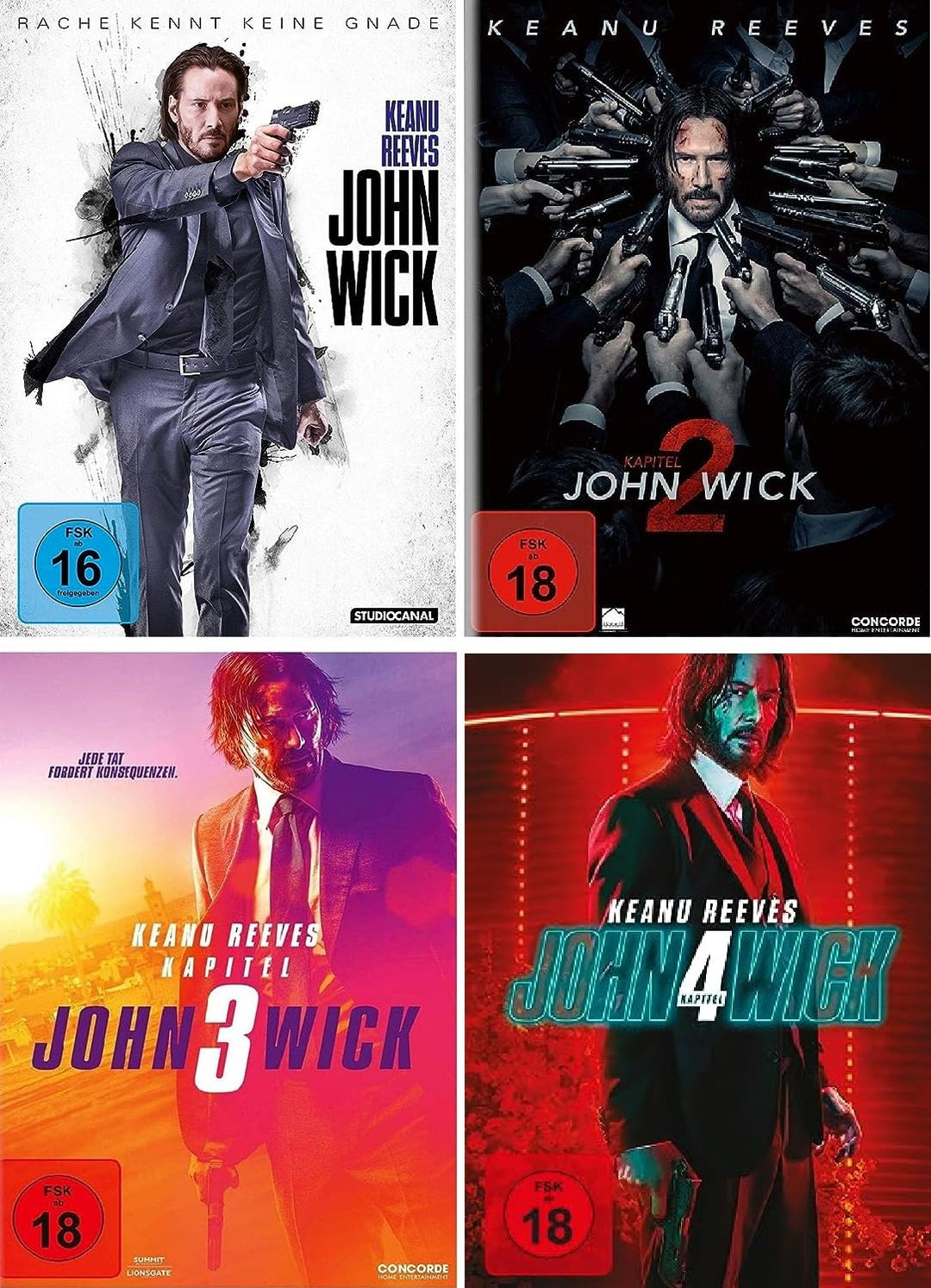 John Wick 1 + Kapitel 2 + Kapitel 3 + Kapitel 4 - (FSK18) im Set - Deutsche Originalware [4 DVDs], D