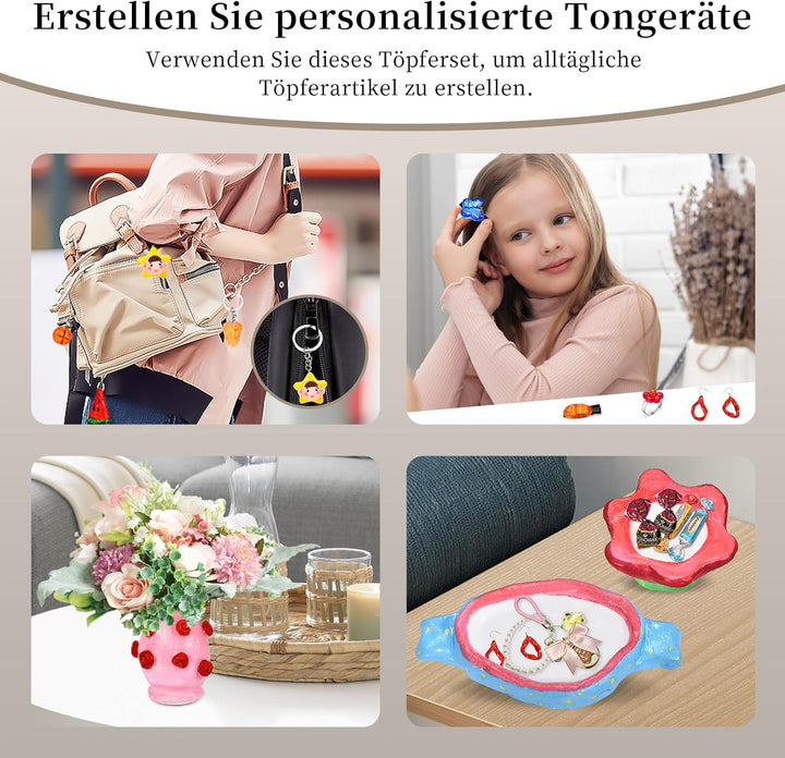 Herenear Lufttrocknendes Ton-Töpfer-Set für Anfänger, Töpferset für Zuhause, Ton Lufttrocknend in We