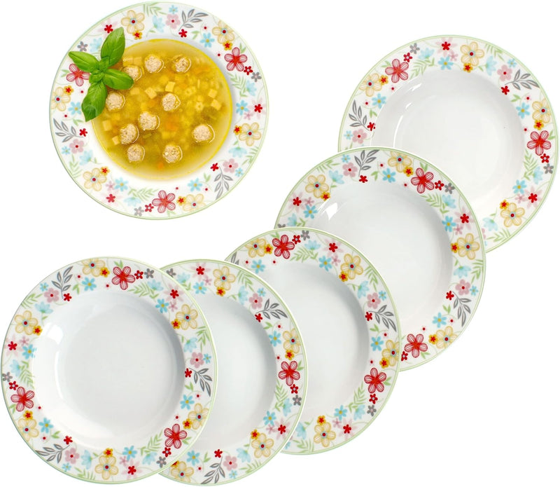 MamboCat 6er Set Variant Blümchen Suppenteller I farbige tiefe Porzellan-Teller für 6 Personen I bun
