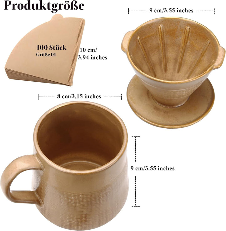 Polydremio Pour Over Kaffeebereiter – 300-ml-Tasse mit Tropfer und 100 kleinen Kegelfiltern, Braun