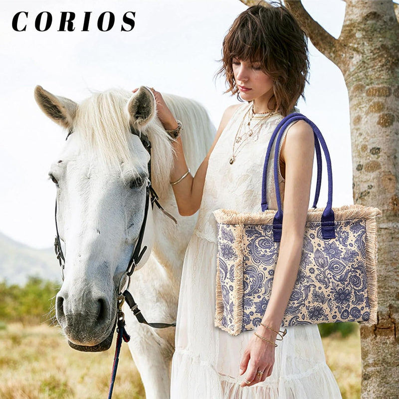 CORIOS Women Canvas Handbag Ethnic Style Tote Bag Retro Shoulder Bag with Tassels Summer Beach Bag L