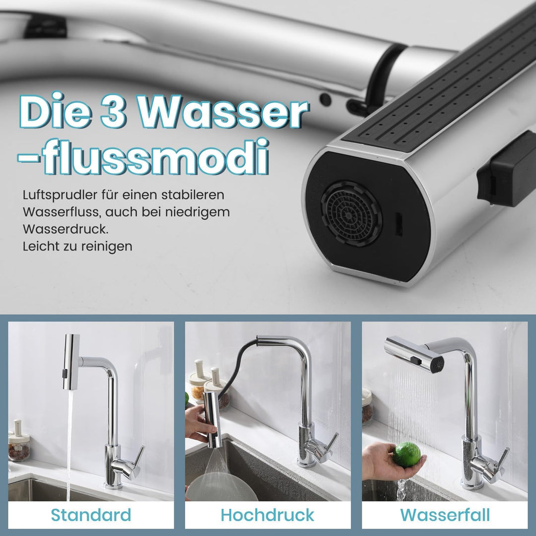 Niederdruck Armatur Küche Ausziehbar,Chrome Edelstahl,Wasserhahn Küchenarmatur mit 3 Anschluessen fü