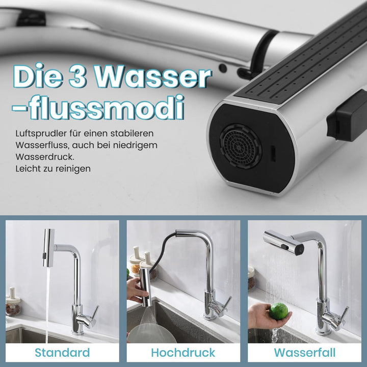 Niederdruck Armatur Küche Ausziehbar,Chrome Edelstahl,Wasserhahn Küchenarmatur mit 3 Anschluessen fü