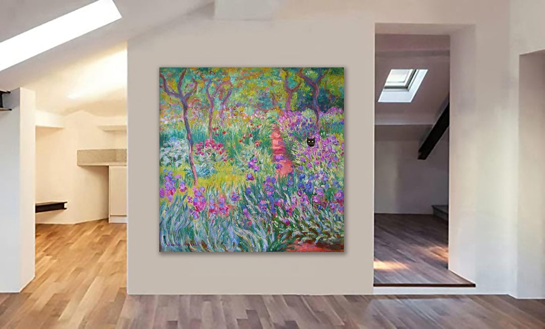 The Artist's Garden in Giverny von Claude Monet mit schwarzer Katze – lustige Wandkunst – eingewicke